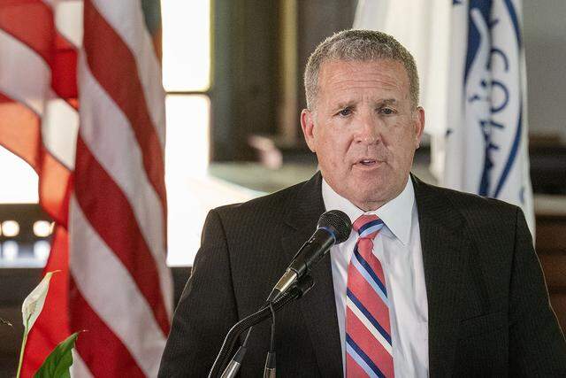 After being sworn in as interim Jackson County Executive Phil LeVota addresses the crowd on hand at the Historic Truman Courthouse in Independence on Thursday, October 16, 2025. He replaces Frank White, who was removed by voters in a recall election.
