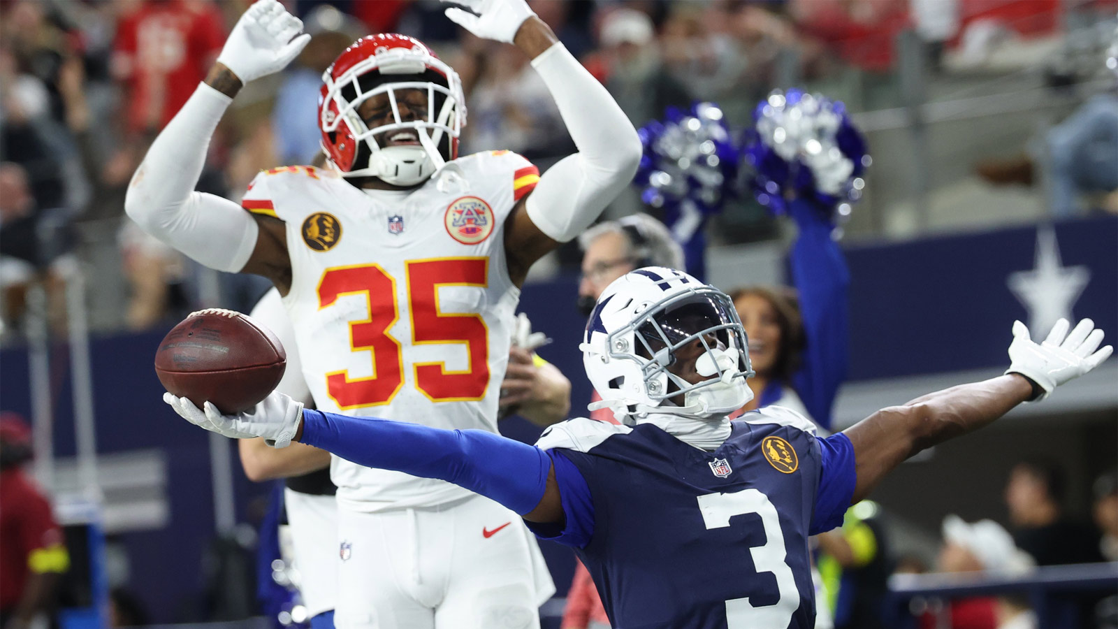 Dallas Cowboys wide receiver George Pickens (3) celebrates after catching a pass for a successful two-point conversion against Kansas City Chiefs cornerback Jaylen Watson (35) during the fourth quarter at AT&T Stadium.