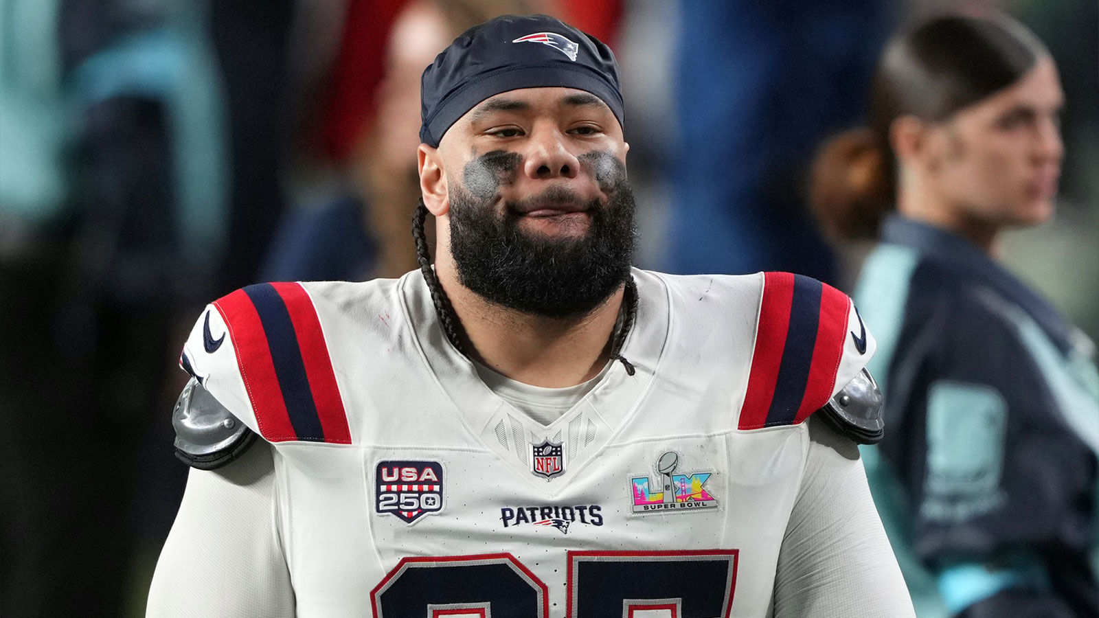 New England Patriots defensive tackle Khyiris Tonga (95) after the game against the Seattle Seahawks in Super Bowl LX at Levi's Stadium