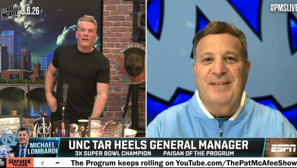 A split-screen of Pat McAfee and Michael Lombardi during the Pat McAfee Show.