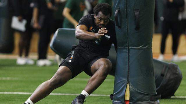 Rueben Bain Jr. (4) competes in a drill during University of Miami Pro Day workout on Monday, March 23, 2026, at Carol Soffer Indoor Practice Facility in Coral Gables, Fla.