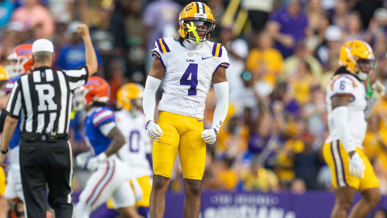 LSU Tigers cornerback Mansoor Delane (4) reacts to Florida Gators quarterback DJ Lagway (not pictured) making an incomplete pass during the first half at Tiger Stadium. Mandatory Credit: Stephen Lew-Imagn Images
