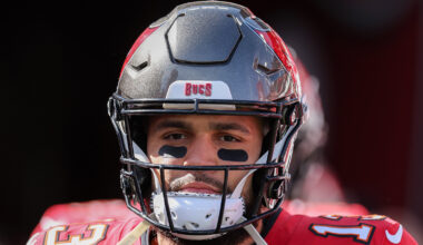 Mike Evans wearing a helmet.