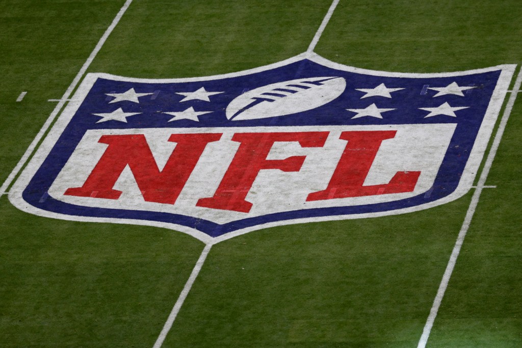 The NFL logo is seen before the NFL Super Bowl 57 football game Sunday, Feb. 12, 2023, in Glendale, Ariz.