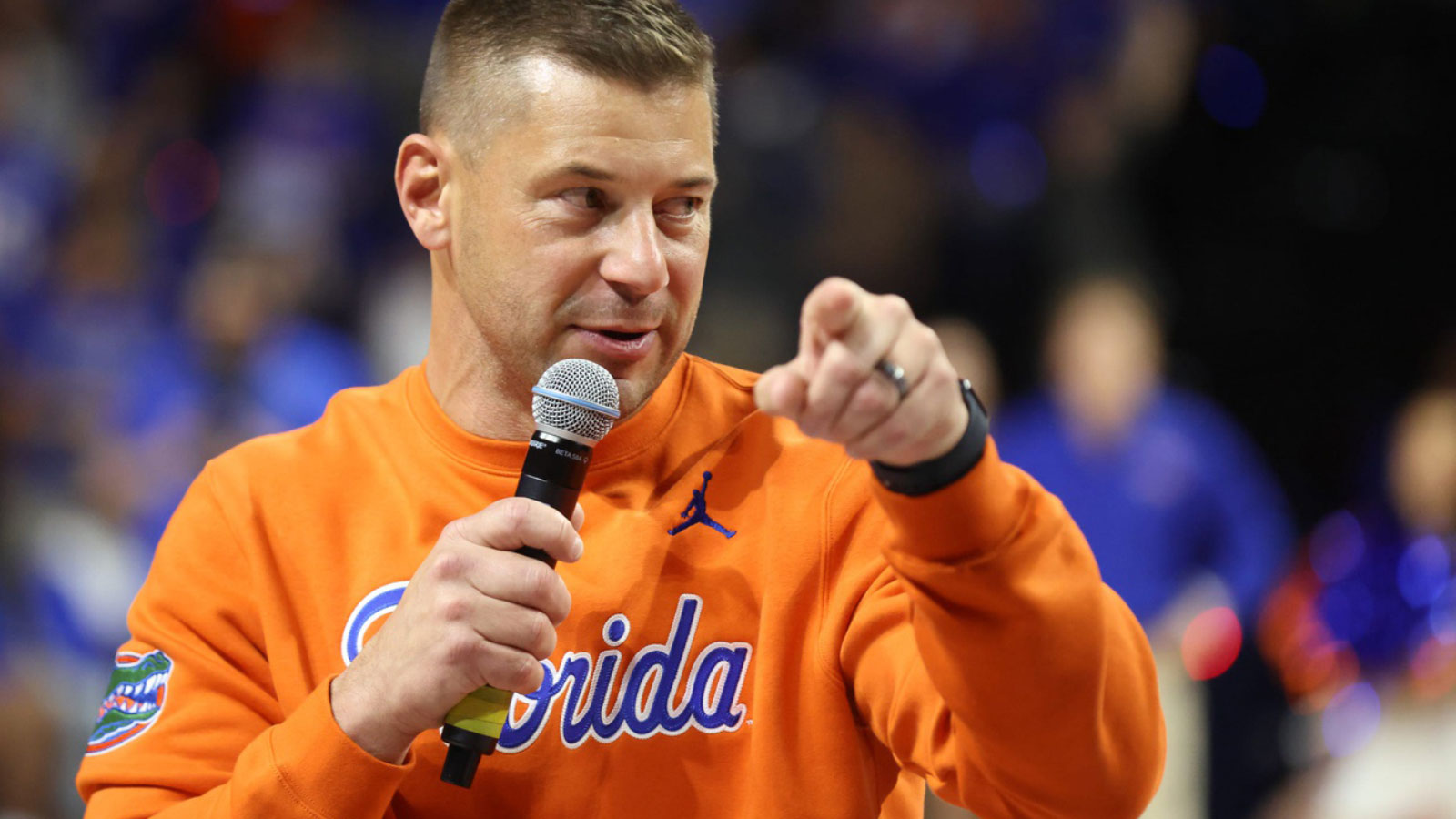 New Gator head football coach Jon Sumrall fires up the crowd during the first half an NCAA basketball game at Steven C. O'Connell Center Exactek arena in Gainesville, FL on Saturday, January 24, 2026. Auburn won 76-67