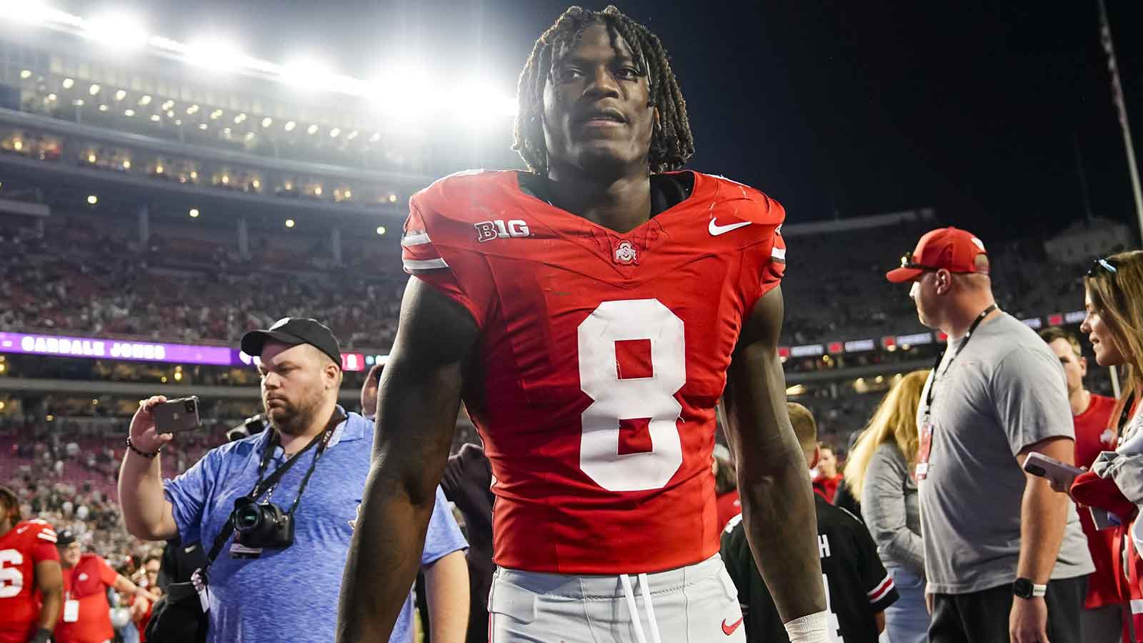 Ohio State Buckeyes linebacker Arvell Reese (8) leaves the field following the NCAA football game against the Ohio Bobcats at Ohio Stadium on Sept. 13, 2025. Ohio State won 37-9.