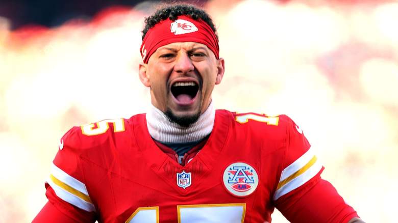 Patrick Mahomes #15 of the Kansas City Chiefs pumps up the crowd prior to the game against the Los Angeles Chargers at Arrowhead Stadium on December 14, 2025