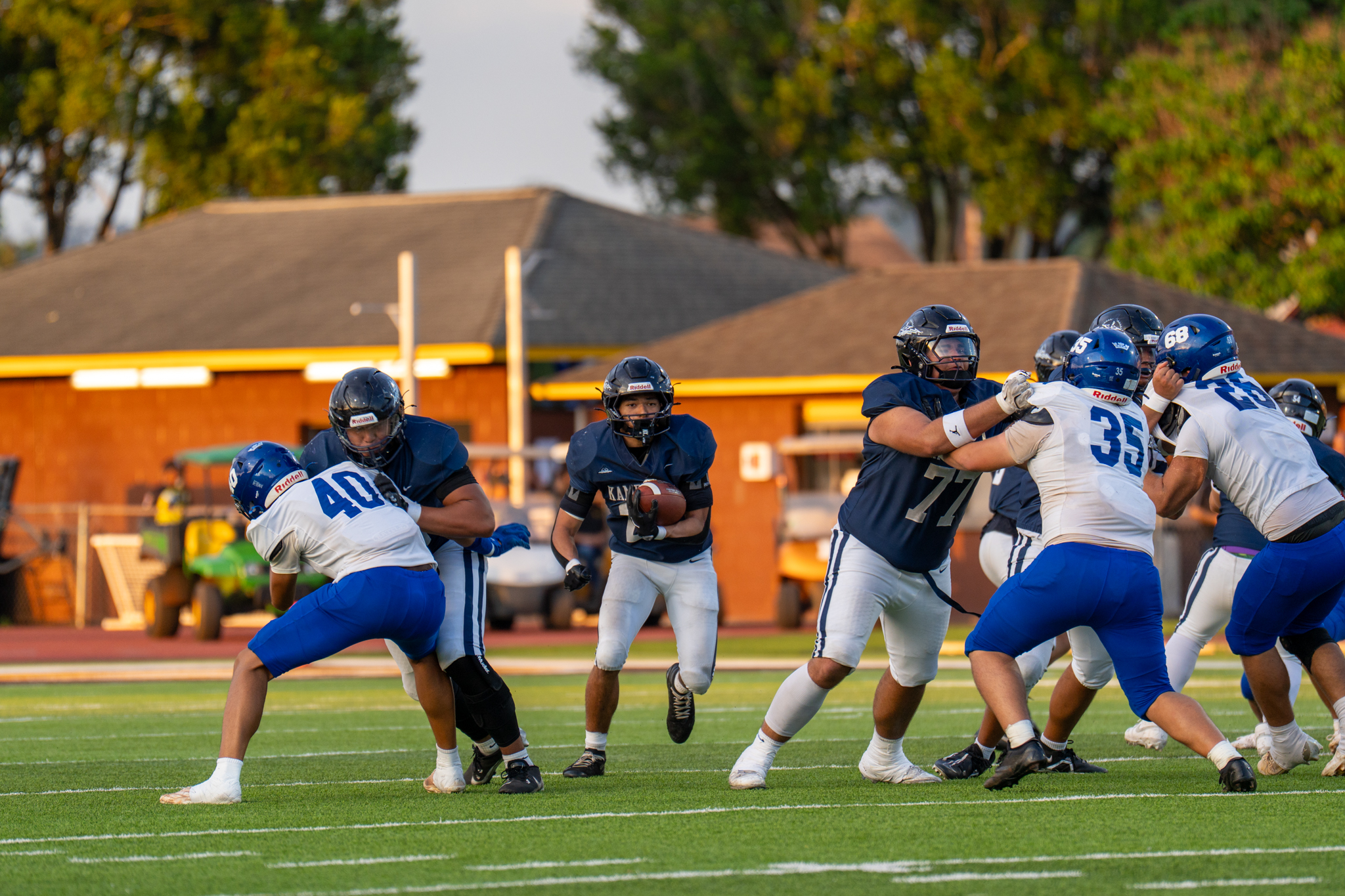 Pa'u Spencer (77), a Kamehameha Schools Maui senior, is show here in the Warriors 48-24 win over Waimea on Nov. 28, 2025, at Mililani High School in the First Hawaiian Bank/HHSAA Division II state championship game. RYLEE SPARLING photo