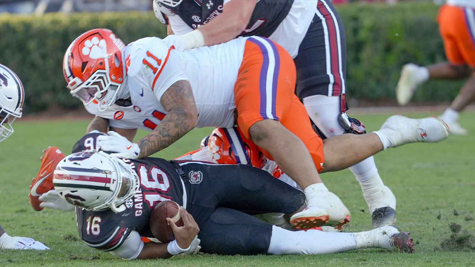 Clemson defensive lineman Peter Woods (11) sacks South Carolina quarterback LaNorris Sellers (16) after the Tigers’ 28-14 win at Williams-Brice Stadium in Columbia, S.C. Saturday, November 29, 2025.