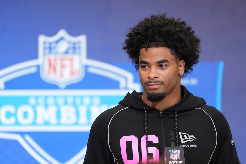 LSU defensive back Mansoor Delane answers questions during a press conference at the NFL...