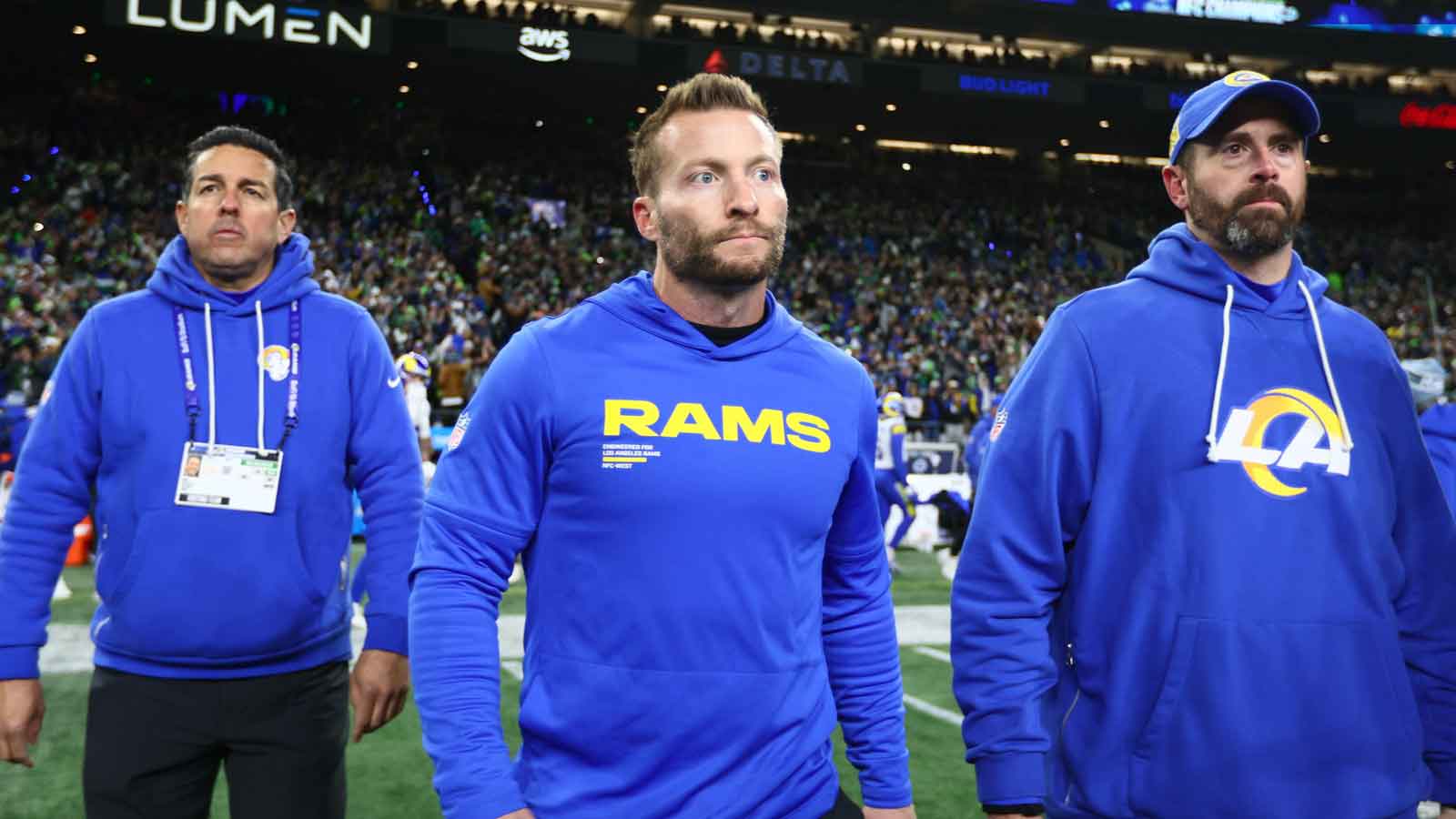 Los Angeles Rams head coach Sean McVay walks on field after the 2026 NFC Championship Game against the Seattle Seahawks at Lumen Field.