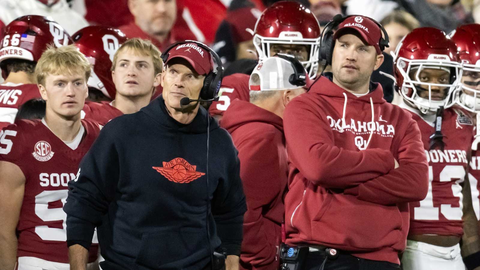 Oklahoma Sooners head coach Brent Venables (left) and inside linebackers coach Nate Dreiling against the Alabama Crimson Tide during the CFP National Playoff First Round at Gaylord Family Oklahoma Memorial Stadium.