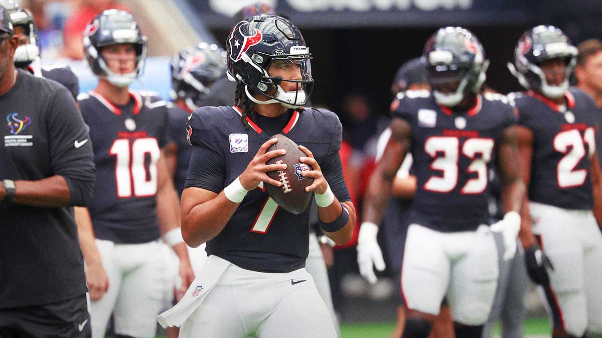 Houston Texans quarterback CJ. Stroud (7) warms up before a game against the Tennessee Titans at NRG Stadium.