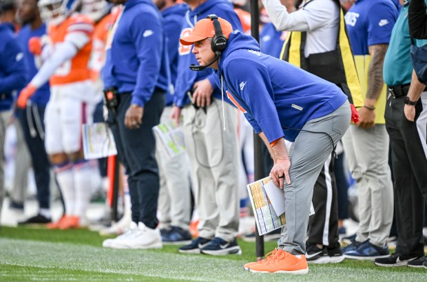 Head coach Sean Payton of the Denver Broncos watches the action against the Los Angeles Chargers during the first quarter at Empower Field at Mile High in Denver on Sunday, January 4, 2026. (Photo by AAron Ontiveroz/The Denver Post)