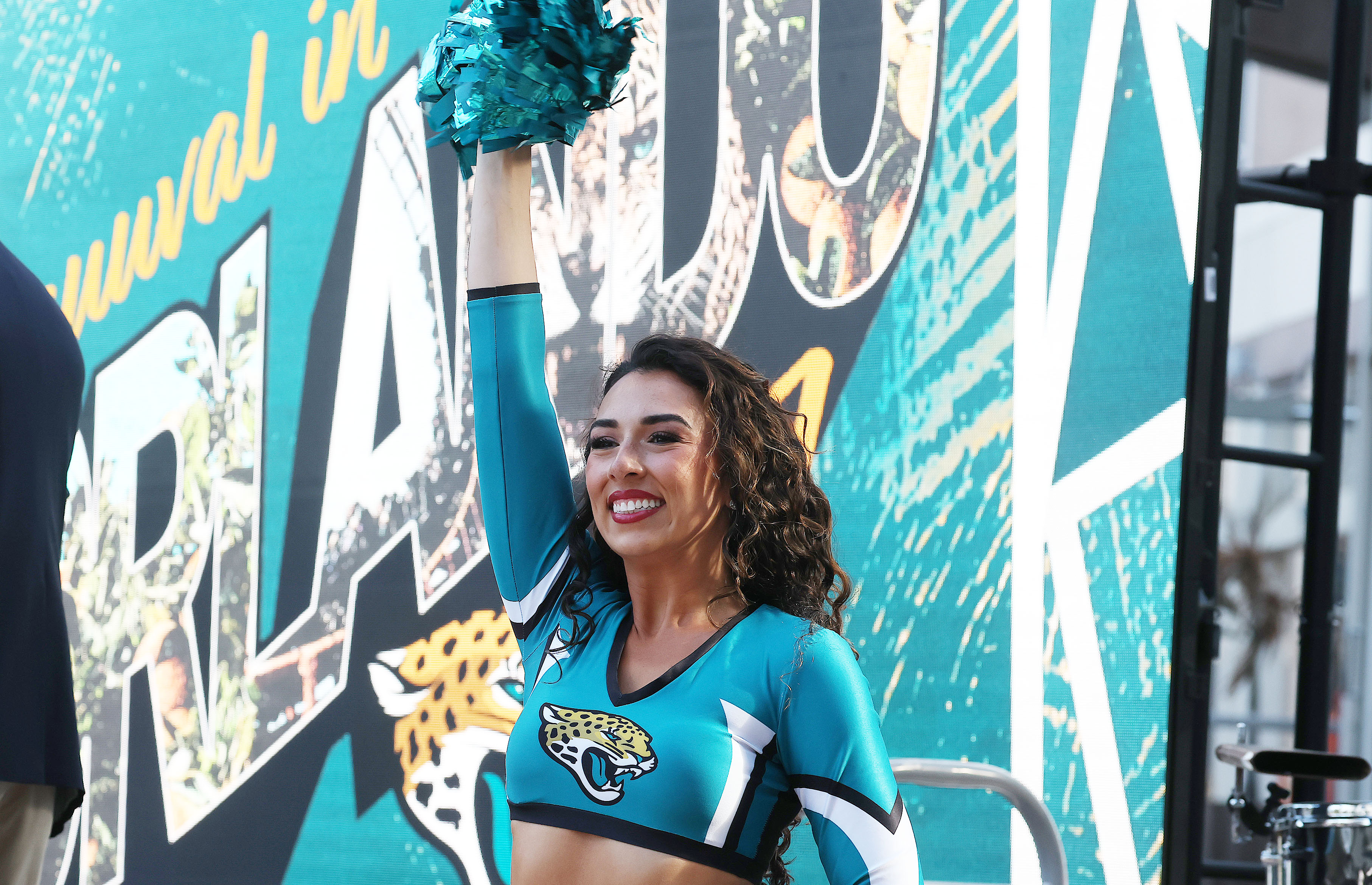 A Jacksonville cheerleader cheers during a Jacksonville Jaguars announcement event...
