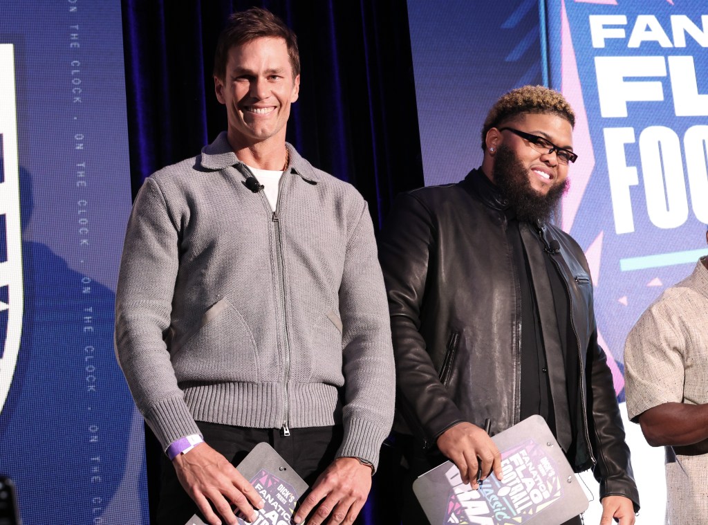 Tom Brady of Founders FFC and host Druski look on during the Fanatics Flag Football Classic Draft at Waldorf Astoria Beverly Hills on March 18, 2026 in Beverly Hills, Calif.