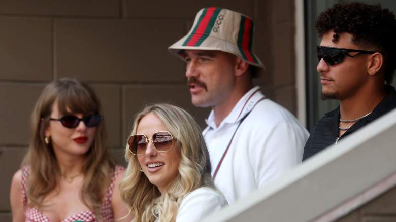 Singer-songwriter Taylor Swift, Travis Kelce and Patrick Mahomes of the Kansas City Chiefs and Brittany Mahomes attend the Men's Singles Final match between Taylor Fritz of the United States and Jannik Sinner of Italy on Day Fourteen of the 2024 US Open at USTA Billie Jean King National Tennis Center on September 08, 2024