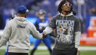 Oct 22, 2023; Indianapolis, Indiana, USA; Indianapolis Colts quarterback Anthony Richardson (5), who is out for the season due to injury, walks the field before the team faces the Cleveland Browns at Lucas Oil Stadium. Mandatory Credit: Jenna Watson-USA TODAY Sports