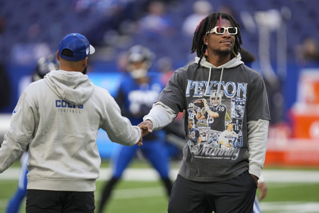 Oct 22, 2023; Indianapolis, Indiana, USA; Indianapolis Colts quarterback Anthony Richardson (5), who is out for the season due to injury, walks the field before the team faces the Cleveland Browns at Lucas Oil Stadium. Mandatory Credit: Jenna Watson-USA TODAY Sports