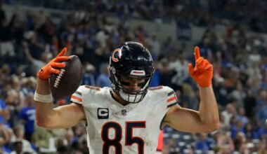 Chicago Bears tight end Cole Kmet (85) celebrates a touchdown Sunday, Sept. 22, 2024, during a game against the Indianapolis Colts at Lucas Oil Stadium in Indianapolis.