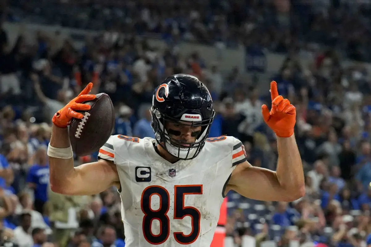 Chicago Bears tight end Cole Kmet (85) celebrates a touchdown Sunday, Sept. 22, 2024, during a game against the Indianapolis Colts at Lucas Oil Stadium in Indianapolis.