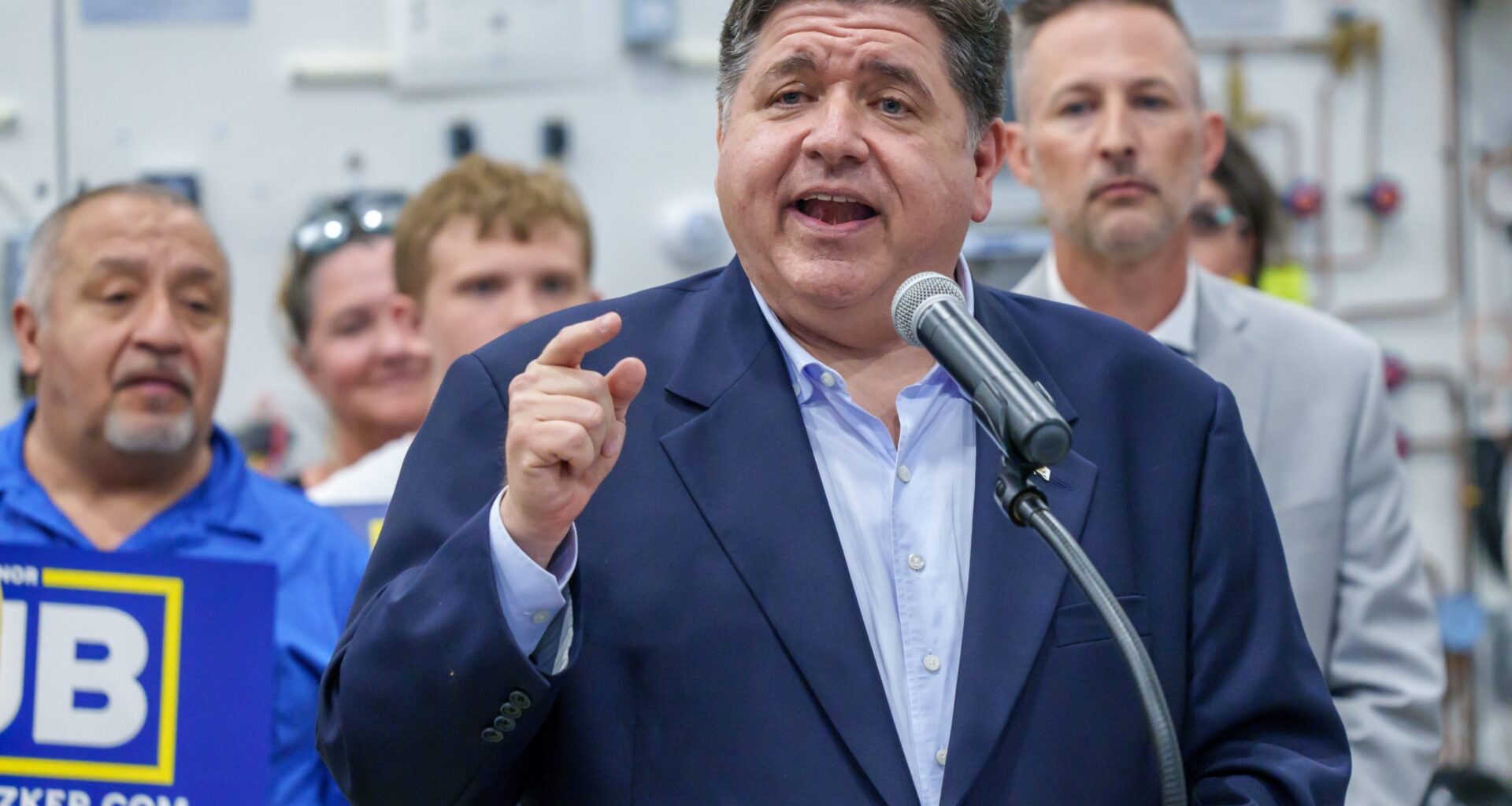 Chicago Bears target Gov. JB Pritzker speaks to supporters during a visit to Illinois Central College's Workforce Sustainability Center on his four-city re-election announcement tour