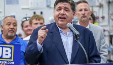 Chicago Bears target Gov. JB Pritzker speaks to supporters during a visit to Illinois Central College's Workforce Sustainability Center on his four-city re-election announcement tour