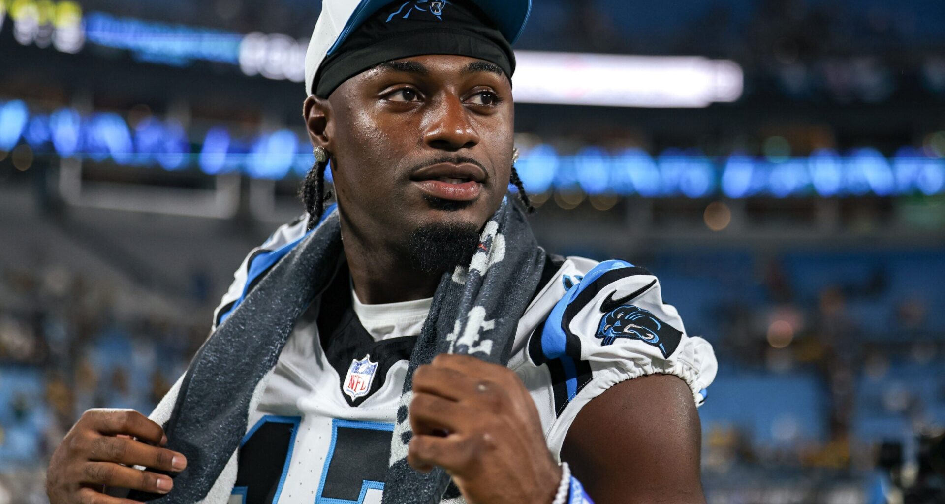 Aug 21, 2025; Charlotte, North Carolina, USA; Carolina Panthers wide receiver Xavier Legette (17) walks off the field after the game against the Pittsburgh Steelers at Bank of America Stadium.