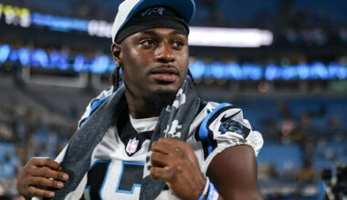 Aug 21, 2025; Charlotte, North Carolina, USA; Carolina Panthers wide receiver Xavier Legette (17) walks off the field after the game against the Pittsburgh Steelers at Bank of America Stadium.