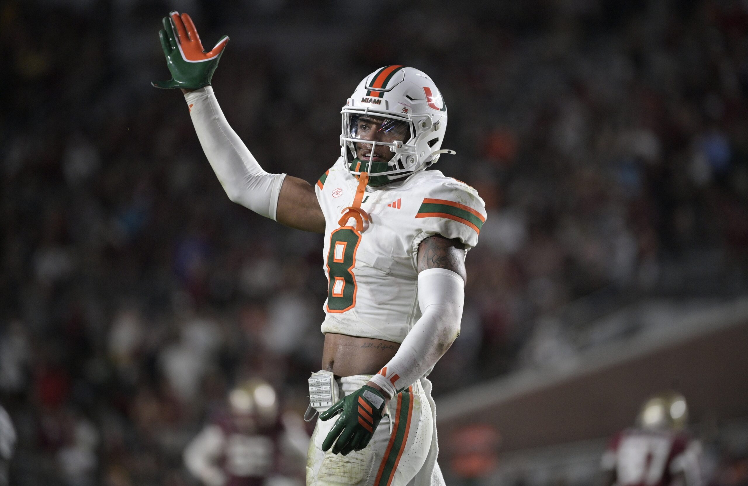 Oct 4, 2025; Tallahassee, Florida, USA; Miami Hurricanes defensive back Jakobe Thomas (8) during the second half against the Florida State Seminoles at Doak S. Campbell Stadium. Mandatory Credit: Melina Myers-Imagn Images