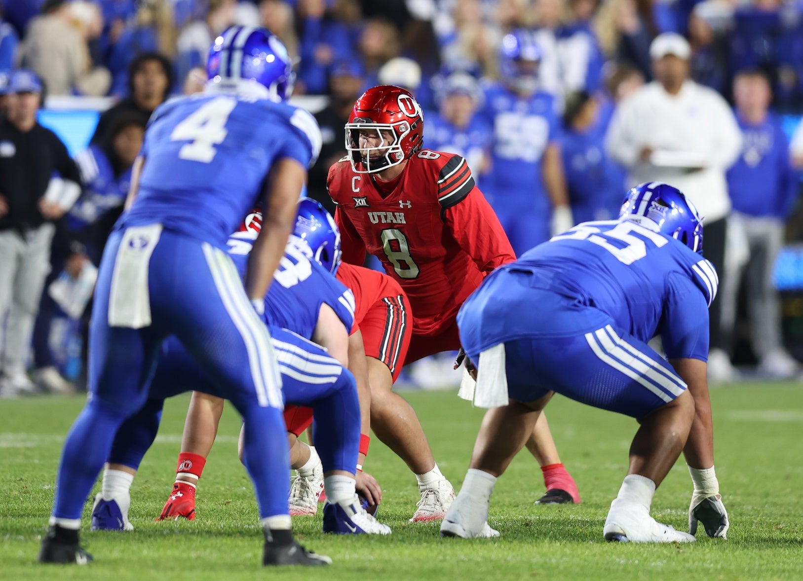 Oct 18, 2025; Provo, Utah, USA; Utah Utes linebacker Lander Barton (8) waits for the snap against the BYU Cougars during the second half at LaVell Edwards Stadium. Mandatory Credit: Rob Gray-Imagn Images