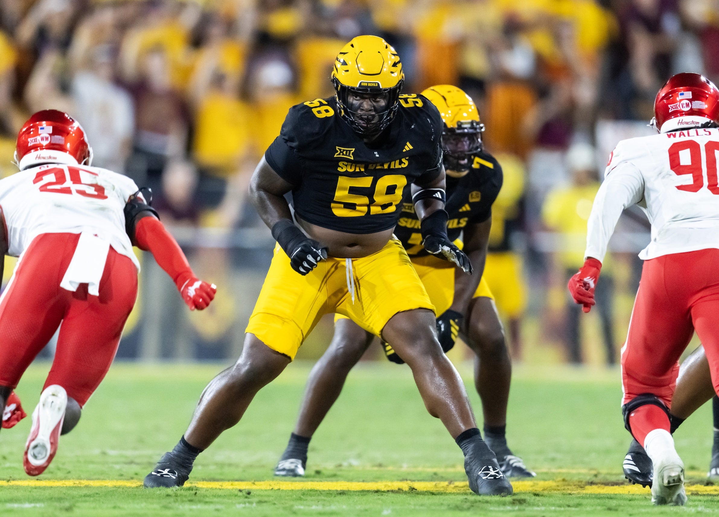 Oct 25, 2025; Tempe, Arizona, USA; Arizona State Sun Devils offensive lineman Max Iheanachor (58) against the Houston Cougars at Mountain America Stadium. Mandatory Credit: Mark J. Rebilas-Imagn Images