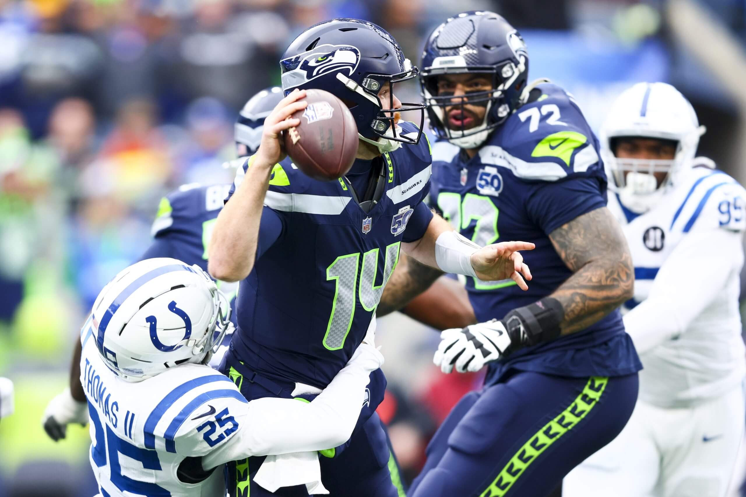 Indianapolis Colts safety Rodney Thomas II (25) pressures Seattle Seahawks quarterback Sam Darnold (14) during the first quarter at Lumen Field. 