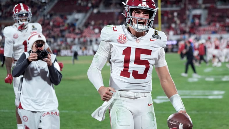 Ty Simpson celebrates after Alabama’s College Football Playoff win over Oklahoma.