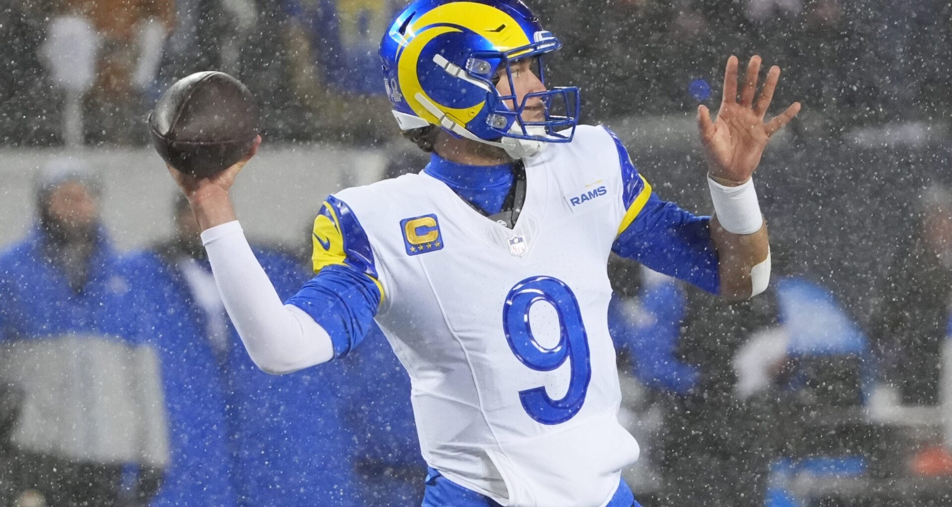 Jan 18, 2026; Chicago, IL, USA; Los Angeles Rams quarterback Matthew Stafford (9) throws a pass against the Chicago Bears during the second quarter of an NFC Divisional Round game at Soldier Field.