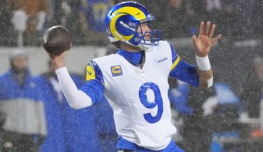 Jan 18, 2026; Chicago, IL, USA; Los Angeles Rams quarterback Matthew Stafford (9) throws a pass against the Chicago Bears during the second quarter of an NFC Divisional Round game at Soldier Field.