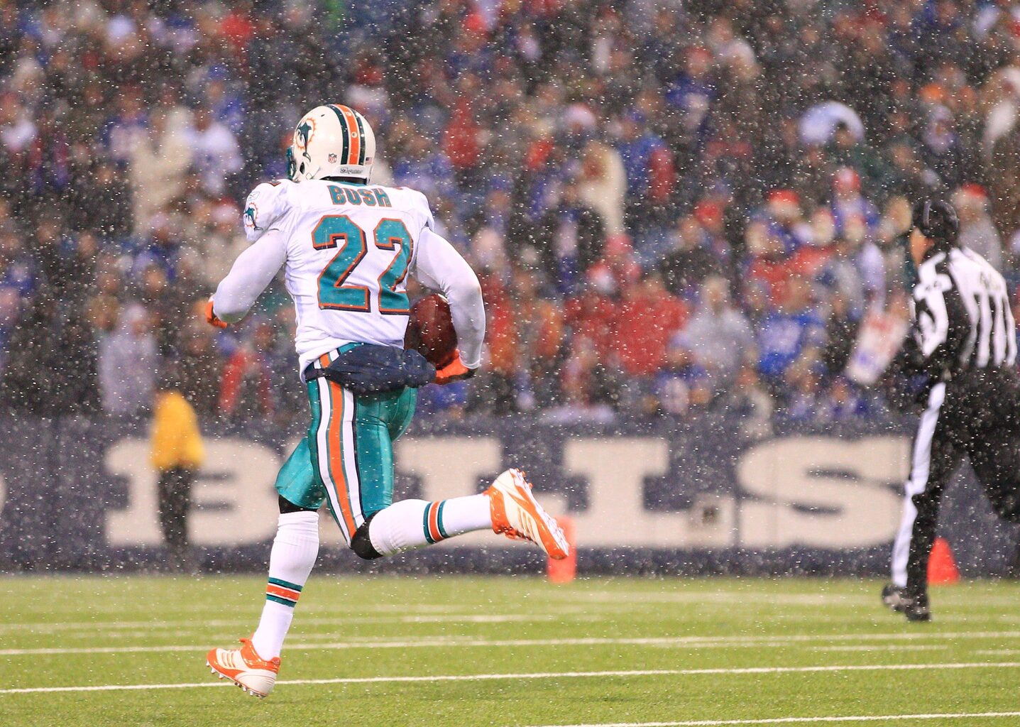 Dec 18, 2011; Orchard Park, NY, USA; Miami Dolphins running back Reggie Bush (22) runs for a touchdown against the Buffalo Bills during the second half at Ralph Wilson Stadium.