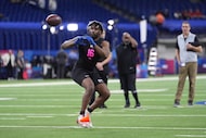 SMU tight end RJ Maryland (16) runs a drill at the NFL football scouting combine in...