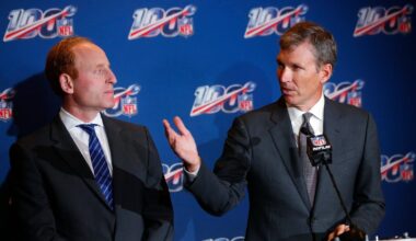 Dr. Allen Sills, right, the NFL's chief medical officer, speaks as Jeff Miller, the league's executive vice president of health and safety initiatives, looks on during a news conference at the NFL Fall League Meeting, on Oct. 15, 2019 in Fort Lauderdale, Fla. The NFL says the number of concussions in exhibition games this year rose to 49 from 34 in 2018, an increase of 44 percent and a setback in efforts to reduce brain trauma.