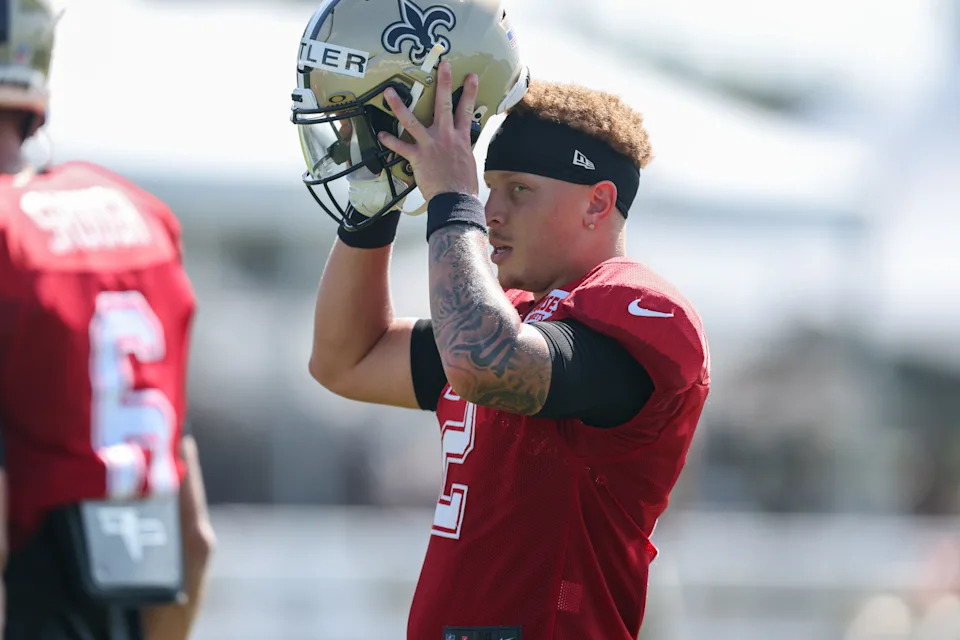 Jul 28, 2025; Metairie, LA, USA; New Orleans Saints quarterback Spencer Rattler (2) at Ochsner Sports Performance Center. Mandatory Credit: Stephen Lew-Imagn Images