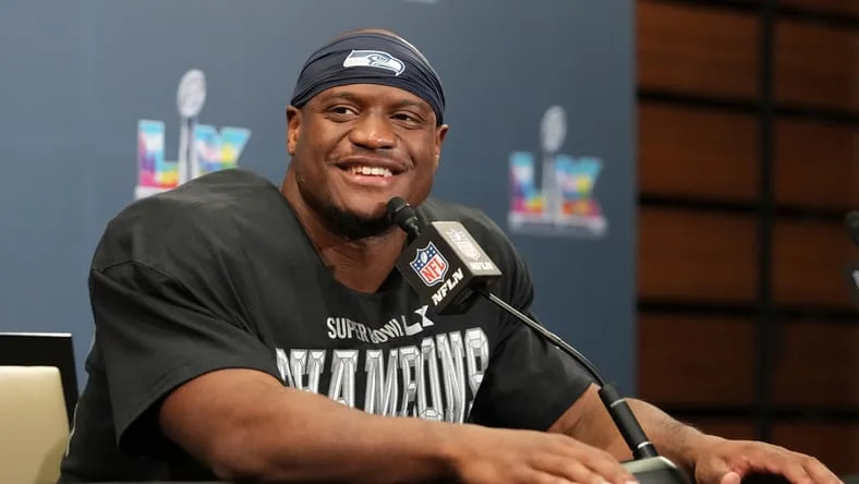 Kenneth Walker III speaking during a postgame press conference after the Super Bowl.