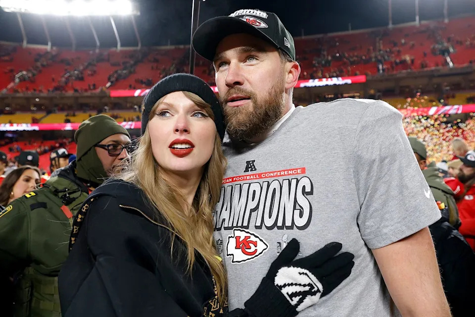 Taylor Swift celebrates with Travis Kelce #87 of the Kansas City Chiefs after defeating the Buffalo Bills AFC Championship Game.Credit: David Eulitt/Getty