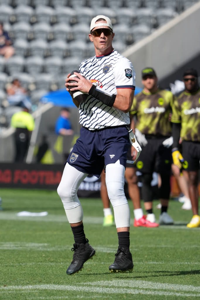 Founders FFC quarterback Tom Brady (12) throws the ball during the Fanatics Flag Football Classic at BMO stadium. IMAGN IMAGES via Reuters Connect