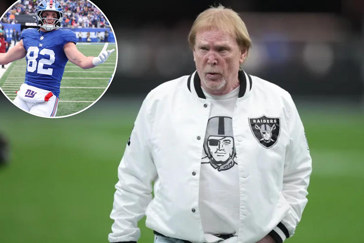 An image collage containing 2 images, Image 1 shows Raiders owner Mark Davis, Image 2 shows Giants tight end Daniel Bellinger scored a touchdown against the Cowboys on Jan. 4, 2025