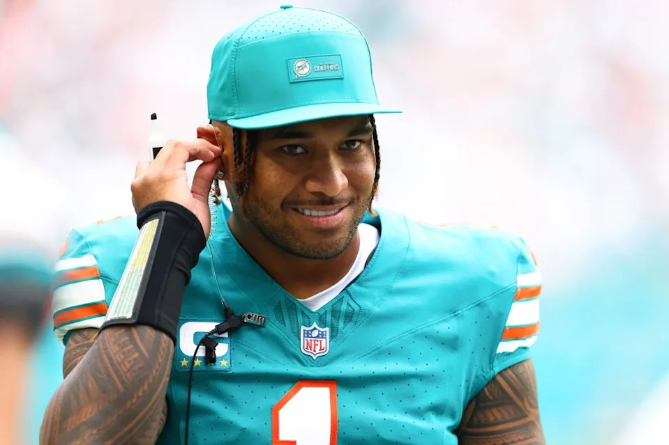 Tua Tagovailoa of the Miami Dolphins looks on against the Cincinnati Bengals during the second half of the game at Hard Rock Stadium on December 21, 2025 in Miami Gardens, Florida. Getty Images