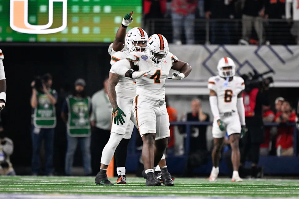 Miami Hurricanes defensive lineman Rueben Bain Jr. (4) celebrates after a sack.Jerome Miron-Imagn Images
