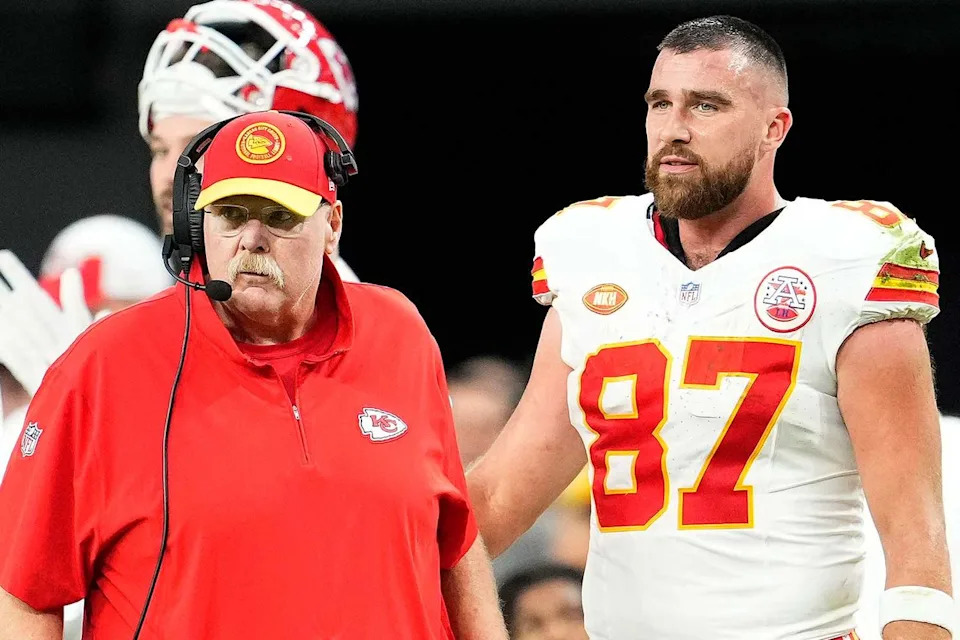 Andy Reid and Travis Kelce of the Kansas City Chiefs.Credit: Jeff Bottari/Getty