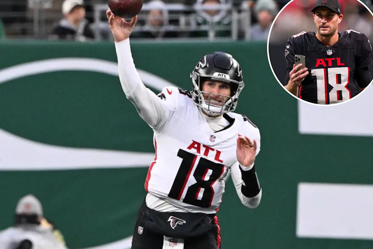 An image collage containing 2 images, Image 1 shows Falcons quarterback Kirk Cousins (18) throws a pass during the third quarter of the Jets and Atlanta Falcons game in East Rutherford, NJ. , Image 2 shows Atlanta Falcons quarterback Kirk Cousins (18) walks off the field after an NFL football game against the New Orleans Saints, Sunday, Jan. 4, 2026, in Atlanta