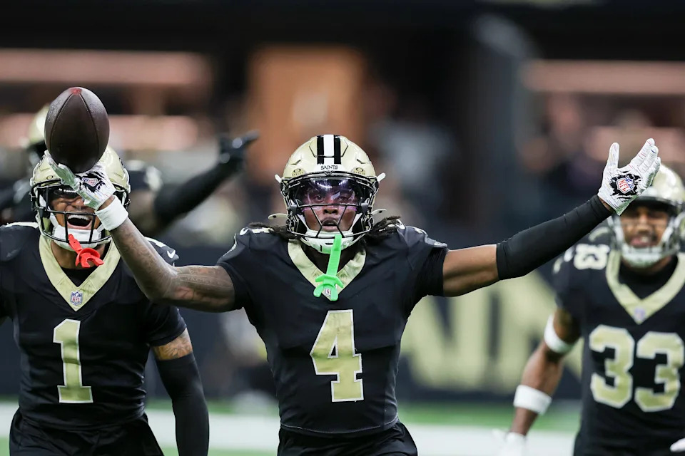 NEW ORLEANS, LOUISIANA - OCTOBER 05: Kool-Aid McKinstry #4 of the New Orleans Saints celebrates after an interception during the fourth quarter against the New York Giants in the game at Caesars Superdome on October 05, 2025 in New Orleans, Louisiana. (Photo by Chris Graythen/Getty Images)