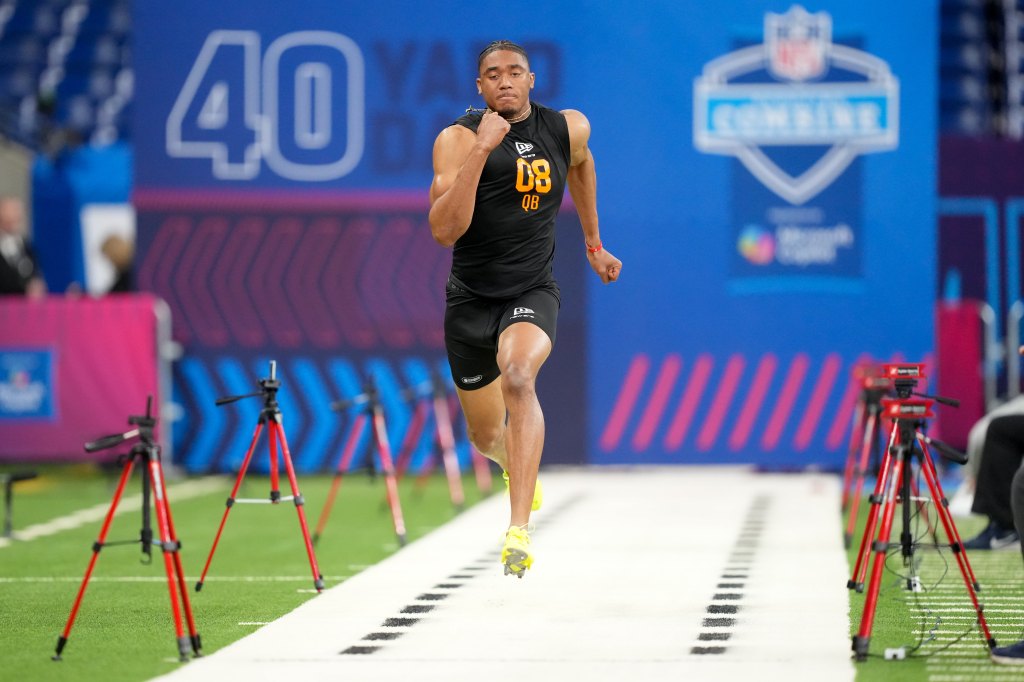 Arkansas quarterback Taylen Green (QB08) during the NFL Scouting Combine at Lucas Oil Stadium. 